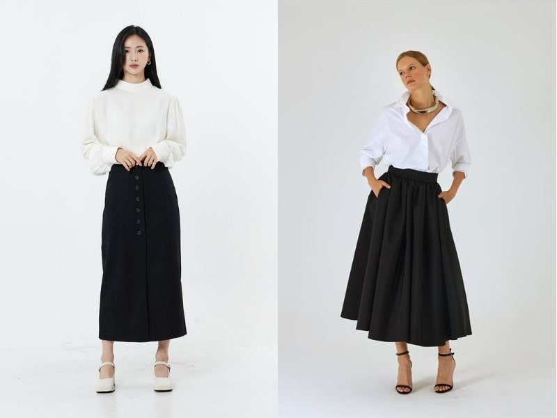 – Phối đồ với chân váy đen dài xếp li với áo croptop