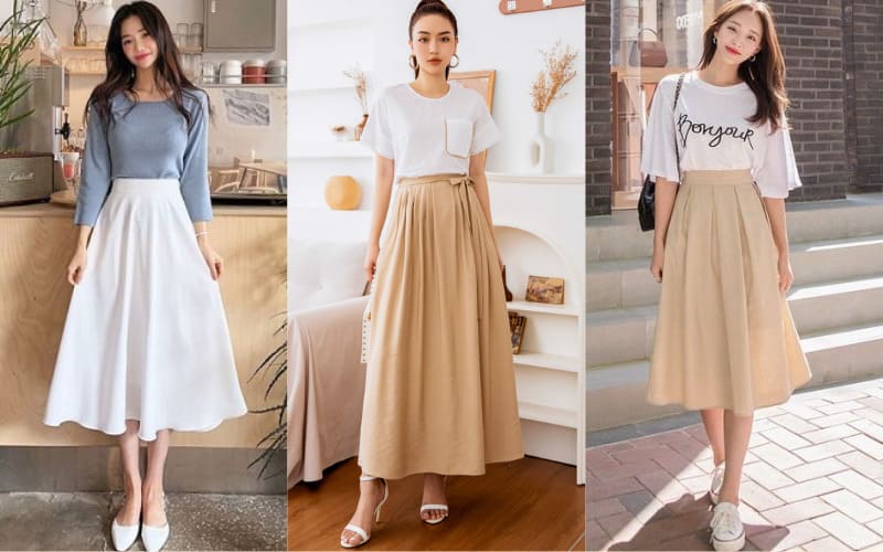 – Cách phối đồ với chân váy dài qua gối cùng áo sơ mi tay bồng