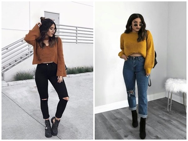 – Cách phối đồ với áo croptop tay dài cùng quần jean
