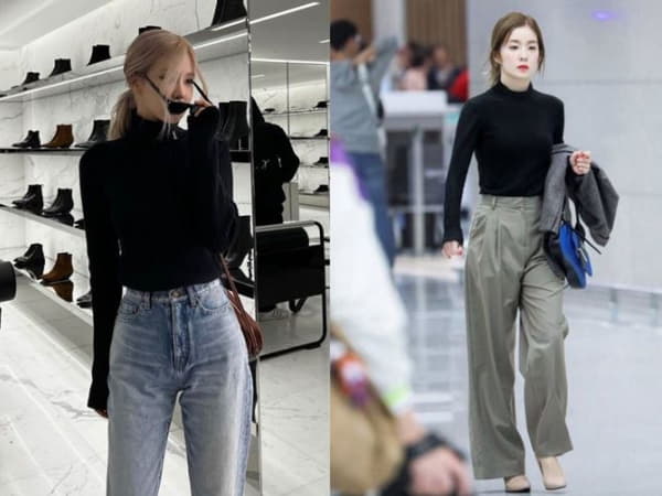 Áo len cổ lọ với quần jeans ống rộng