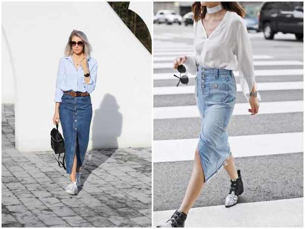 Chân váy jean dài phối với áo sơ mi 